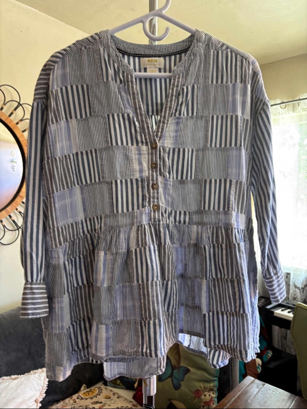 Maeve by Anthropologie Zoe Swing Blouse Blue Patchwork Size XS
